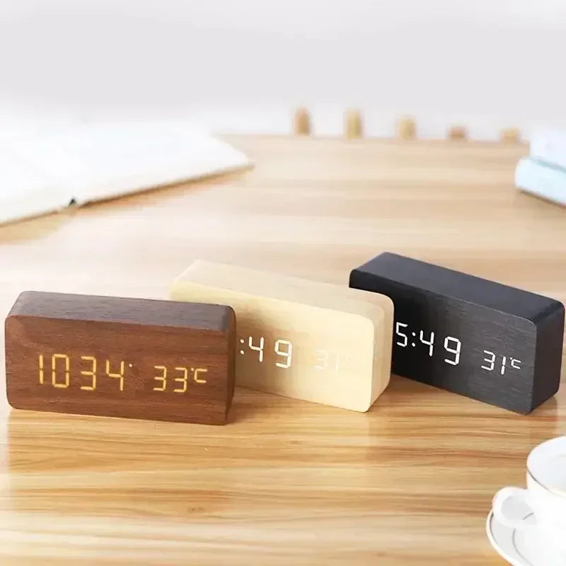 Wooden LED Digital Alarm Clock – Temperature Display & USB Table Clock for Bedroom & Office