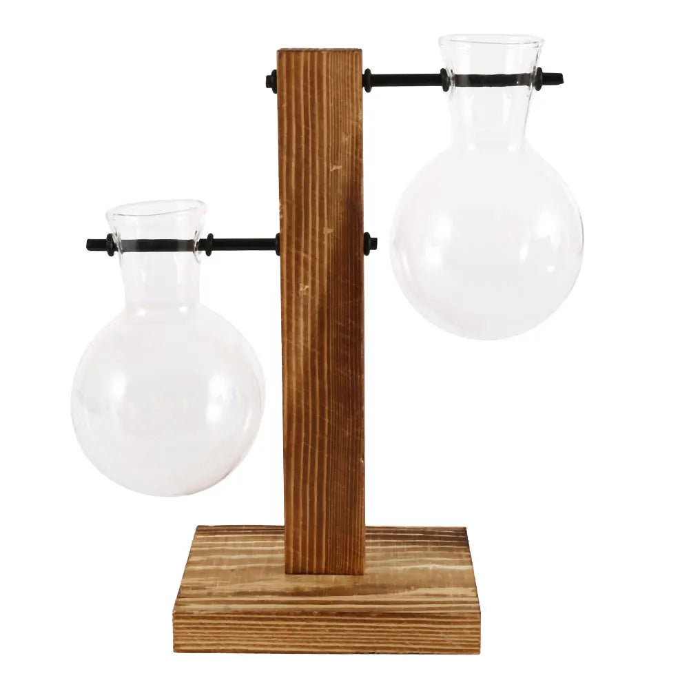 Glass Desktop Planter Bulb Vase with Wooden Stand – Hydroponic Tabletop Decor