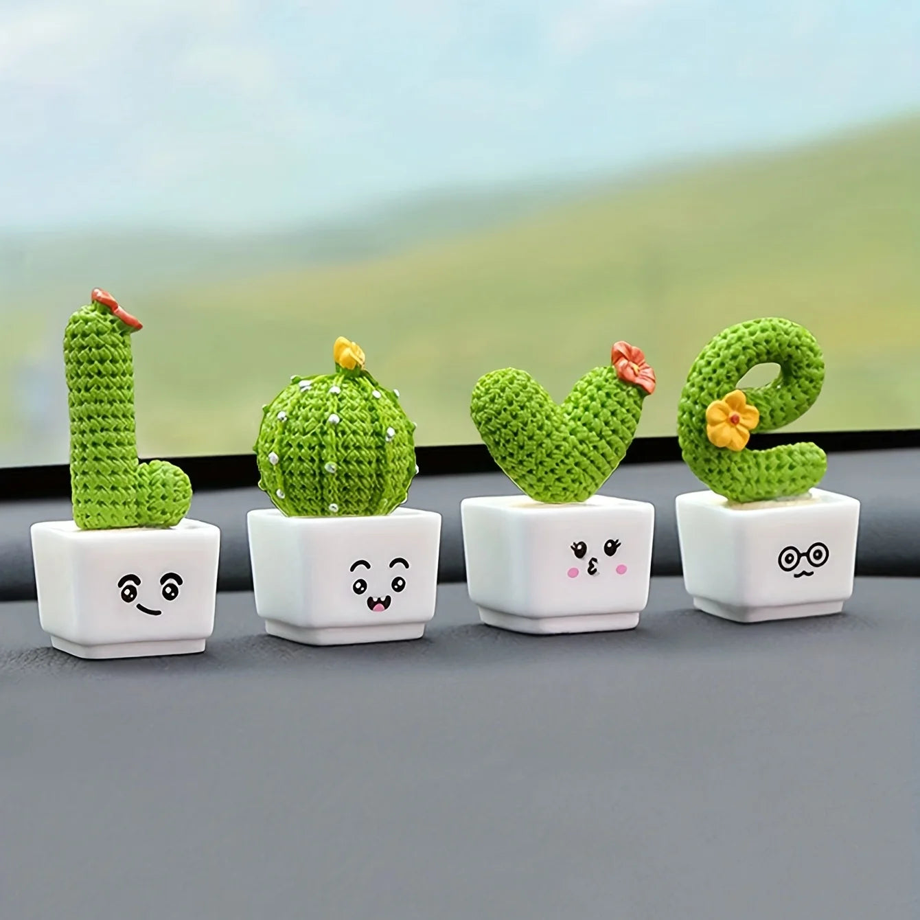 Set of 4 Mini Resin Succulent Cactus Plants – Decorative Green Crafts for Car, Office & Home Decor