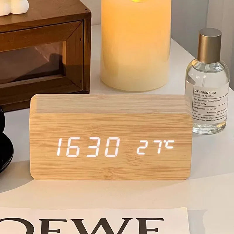 Wooden LED Digital Alarm Clock – Temperature Display & USB Table Clock for Bedroom & Office