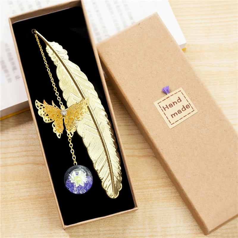 Chinese Style Metal Feather Bookmark – Creative Flower, Butterfly & Leaf Design