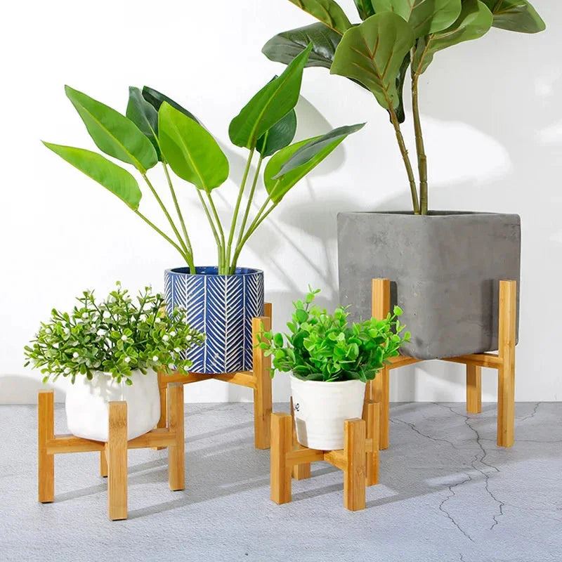 Modern Wooden Plant Stand with Tray – Adjustable Bamboo Pot Holder for Indoor Plants