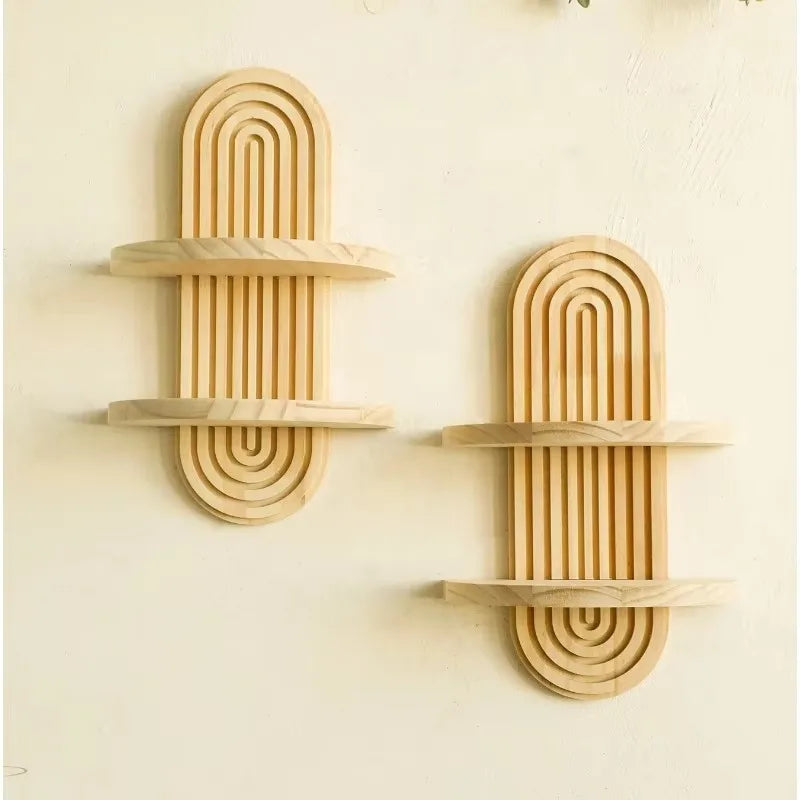 Wooden Wall Mounted Storage Rack – Boho Style Display Shelves for Modern Home Decor