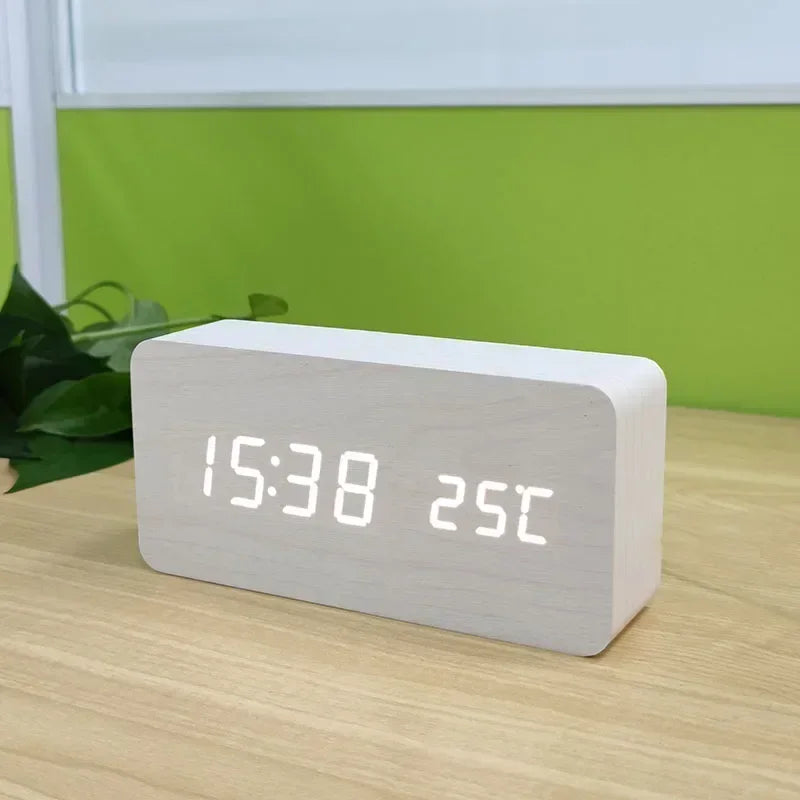 Wooden LED Digital Alarm Clock – Temperature Display & USB Table Clock for Bedroom & Office