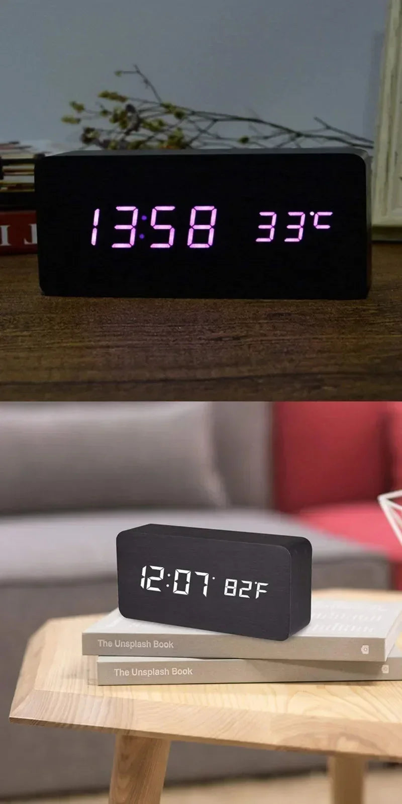 Wooden LED Digital Alarm Clock – Temperature Display & USB Table Clock for Bedroom & Office