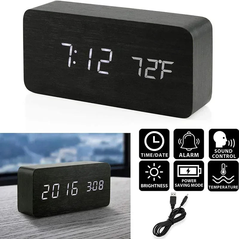 Wooden LED Digital Alarm Clock – Temperature Display & USB Table Clock for Bedroom & Office