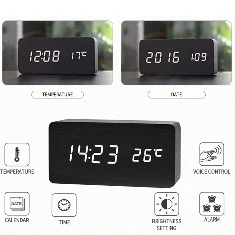 Wooden LED Digital Alarm Clock – Temperature Display & USB Table Clock for Bedroom & Office
