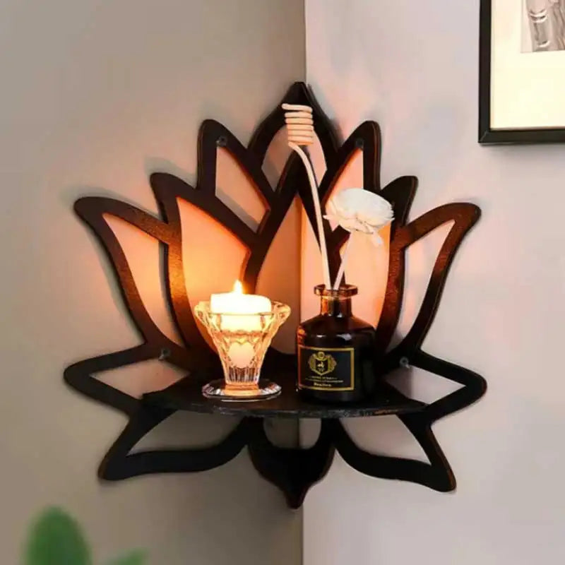 Wooden Lotus Hollow Wall Shelf – Aromatherapy & Essential Oil Organizer Corner Rack