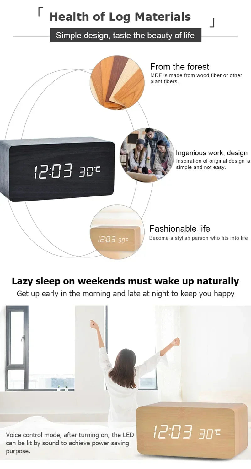 Wooden LED Digital Alarm Clock – Temperature Display & USB Table Clock for Bedroom & Office