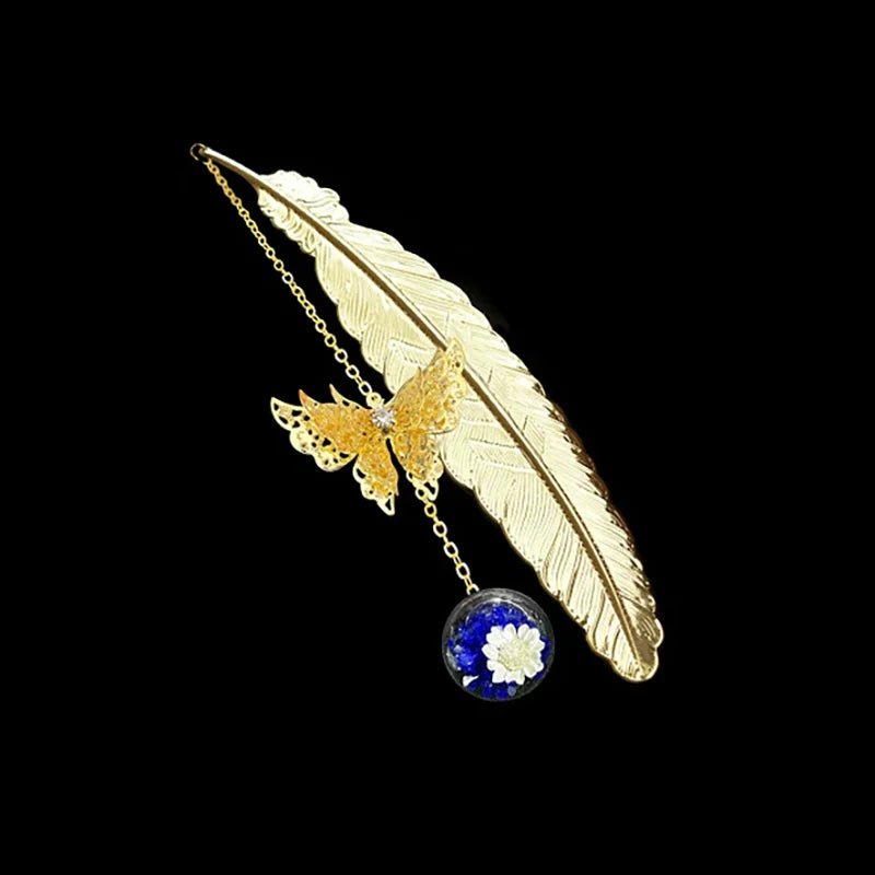 Chinese Style Metal Feather Bookmark – Creative Flower, Butterfly & Leaf Design