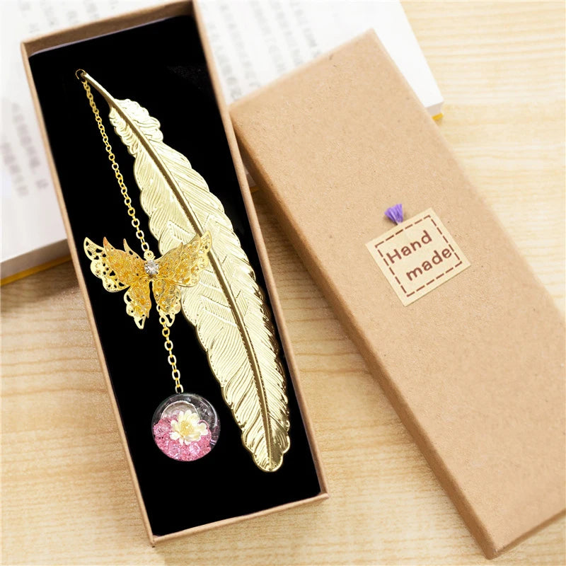 Chinese Style Metal Feather Bookmark – Creative Flower, Butterfly & Leaf Design