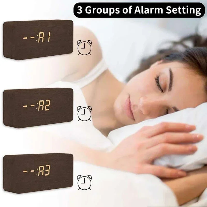 Wooden LED Digital Alarm Clock – Temperature Display & USB Table Clock for Bedroom & Office