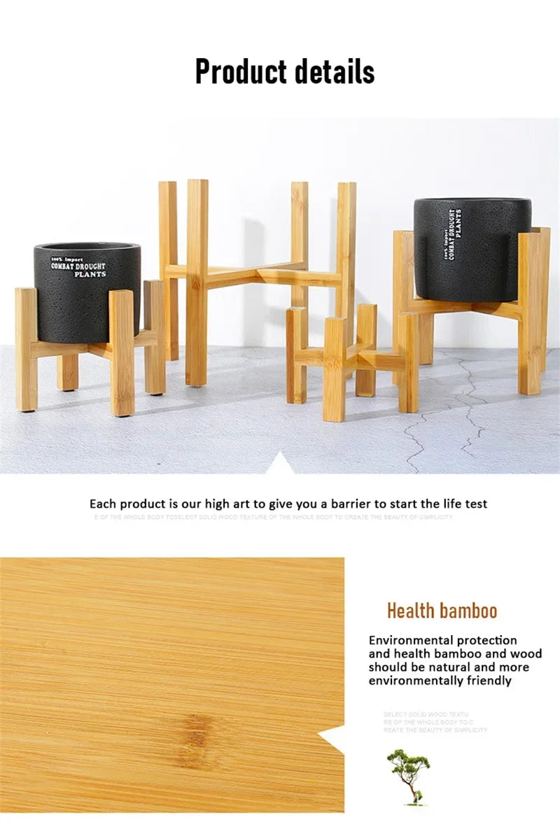 Modern Wooden Plant Stand with Tray – Adjustable Bamboo Pot Holder for Indoor Plants