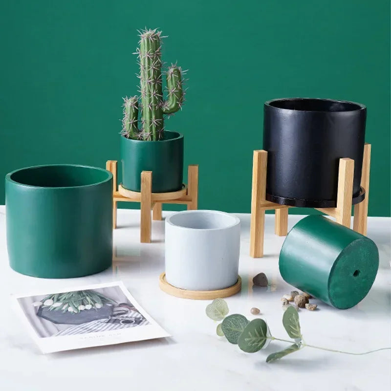 Modern Wooden Plant Stand with Tray – Adjustable Bamboo Pot Holder for Indoor Plants