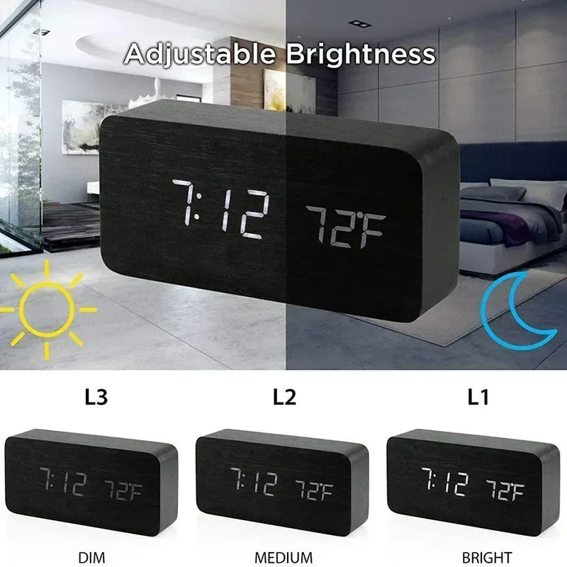 Wooden LED Digital Alarm Clock – Temperature Display & USB Table Clock for Bedroom & Office