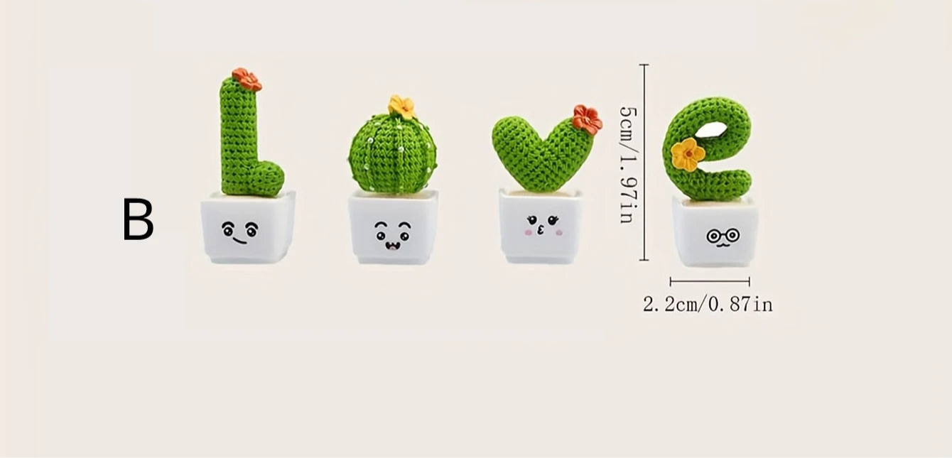 Set of 4 Mini Resin Succulent Cactus Plants – Decorative Green Crafts for Car, Office & Home Decor