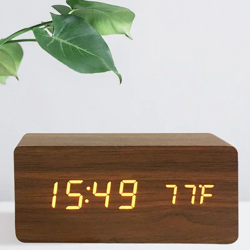 Wooden LED Digital Alarm Clock – Temperature Display & USB Table Clock for Bedroom & Office