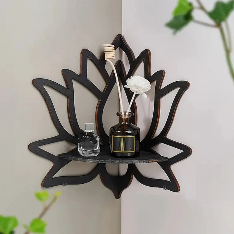Wooden Lotus Hollow Wall Shelf – Aromatherapy & Essential Oil Organizer Corner Rack