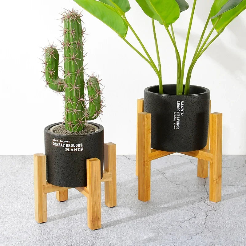 Modern Wooden Plant Stand with Tray – Adjustable Bamboo Pot Holder for Indoor Plants