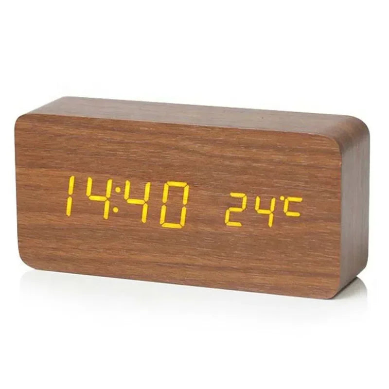 Wooden LED Digital Alarm Clock – Temperature Display & USB Table Clock for Bedroom & Office
