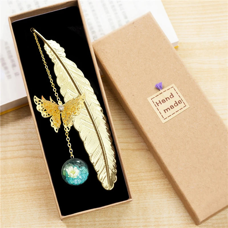 Chinese Style Metal Feather Bookmark – Creative Flower, Butterfly & Leaf Design