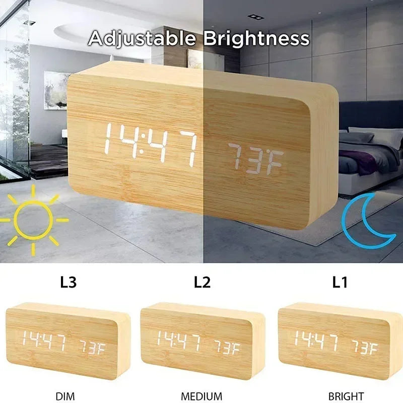 Wooden LED Digital Alarm Clock – Temperature Display & USB Table Clock for Bedroom & Office