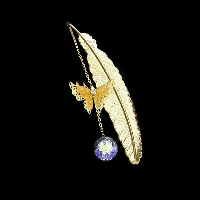 Chinese Style Metal Feather Bookmark – Creative Flower, Butterfly & Leaf Design