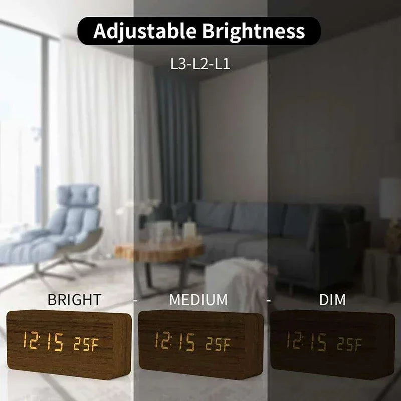 Wooden LED Digital Alarm Clock – Temperature Display & USB Table Clock for Bedroom & Office