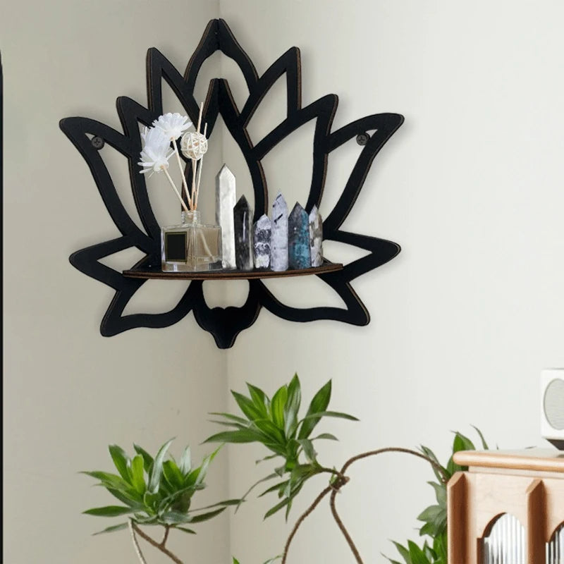 Wooden Lotus Hollow Wall Shelf – Aromatherapy & Essential Oil Organizer Corner Rack