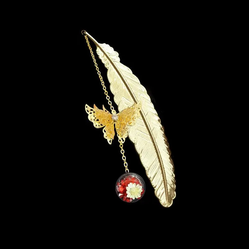 Chinese Style Metal Feather Bookmark – Creative Flower, Butterfly & Leaf Design
