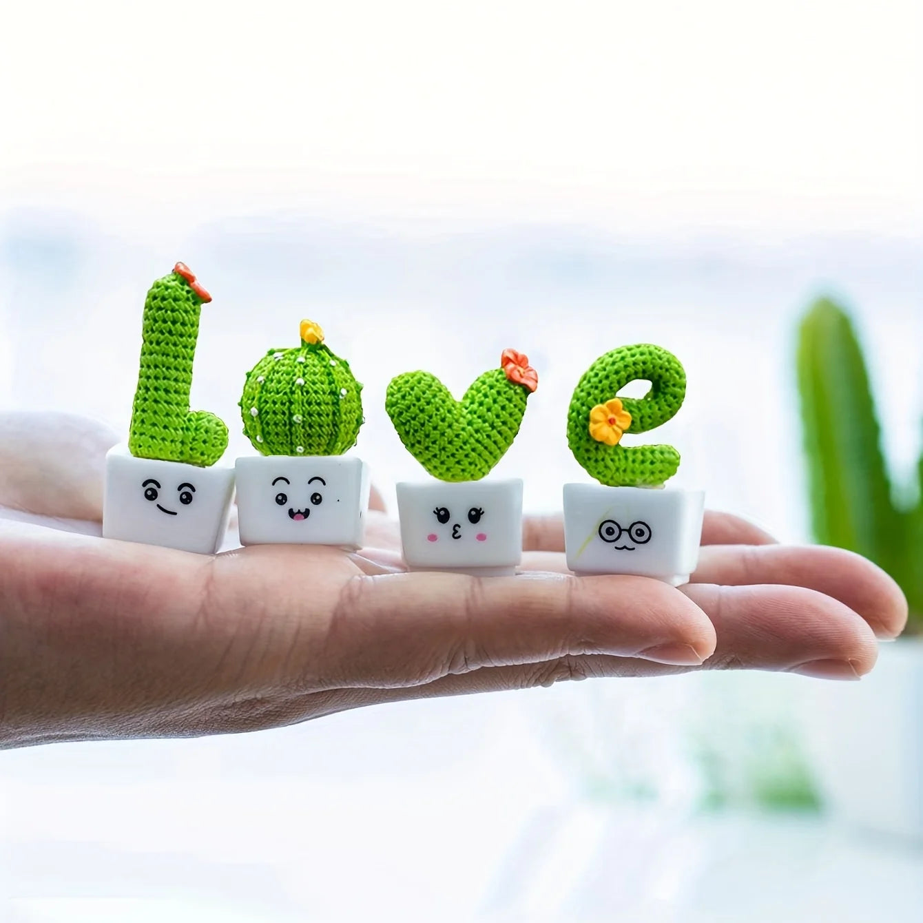 Set of 4 Mini Resin Succulent Cactus Plants – Decorative Green Crafts for Car, Office & Home Decor