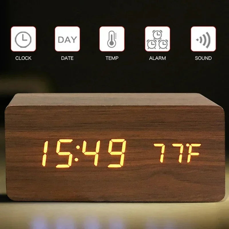 Wooden LED Digital Alarm Clock – Temperature Display & USB Table Clock for Bedroom & Office