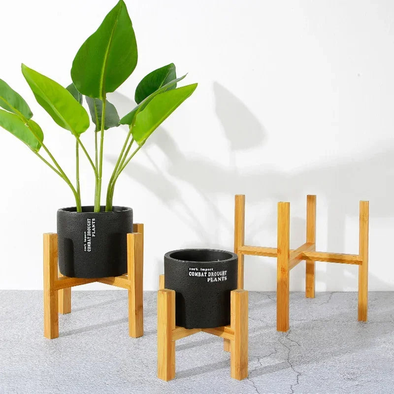 Modern Wooden Plant Stand with Tray – Adjustable Bamboo Pot Holder for Indoor Plants