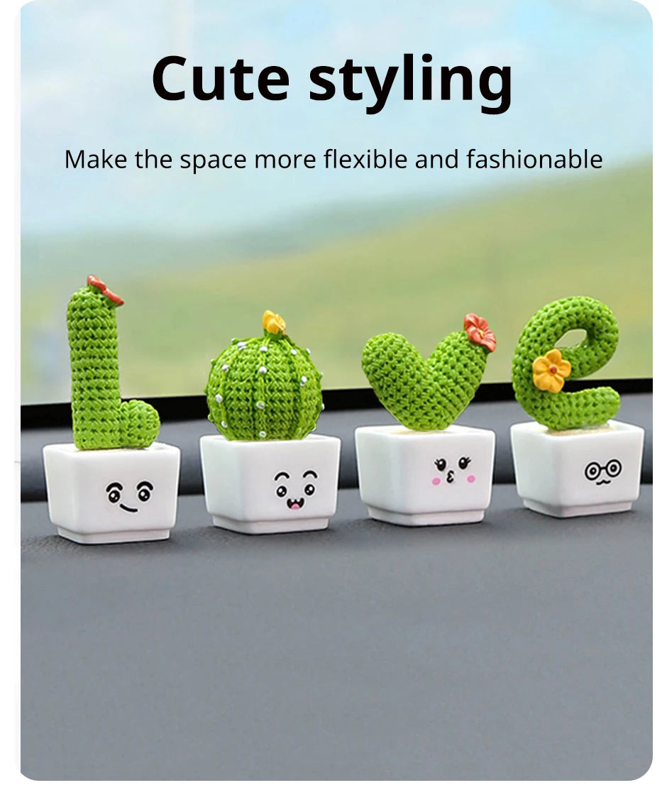 Set of 4 Mini Resin Succulent Cactus Plants – Decorative Green Crafts for Car, Office & Home Decor