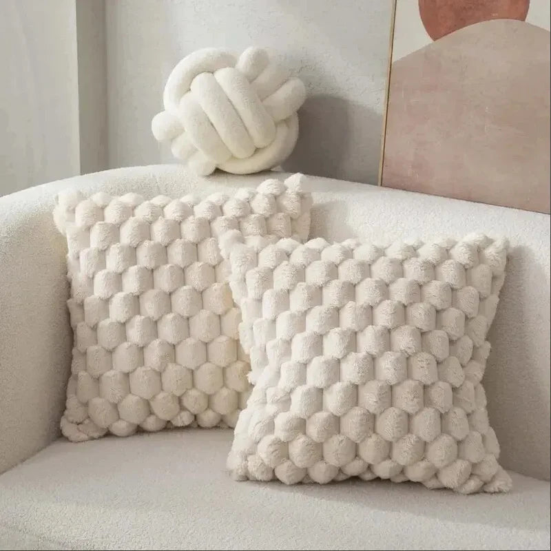 3D Soft Plush Throw Pillowcase – Cream White Pineapple Grid & Turtle Pattern Cushion Cover for Sofa & Bedroom Decor