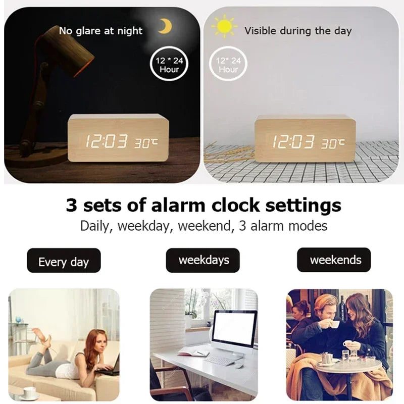 Wooden LED Digital Alarm Clock – Temperature Display & USB Table Clock for Bedroom & Office