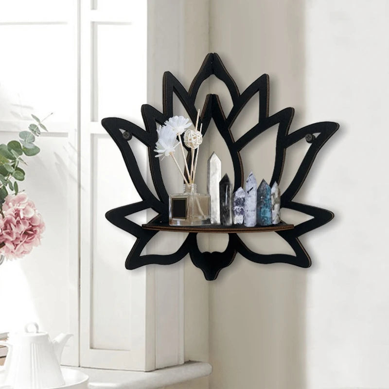 Wooden Lotus Hollow Wall Shelf – Aromatherapy & Essential Oil Organizer Corner Rack
