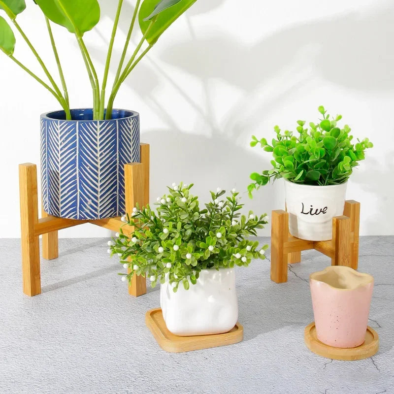 Modern Wooden Plant Stand with Tray – Adjustable Bamboo Pot Holder for Indoor Plants