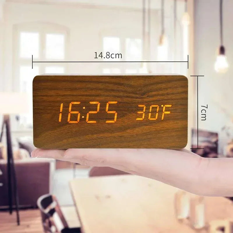 Wooden LED Digital Alarm Clock – Temperature Display & USB Table Clock for Bedroom & Office
