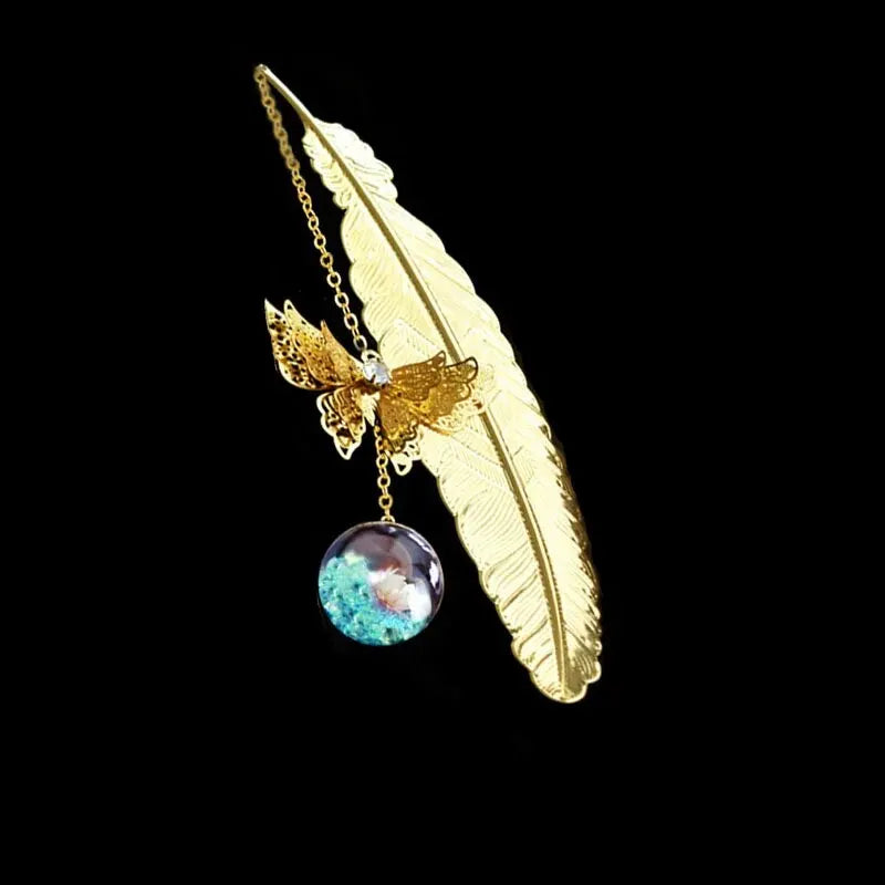 Chinese Style Metal Feather Bookmark – Creative Flower, Butterfly & Leaf Design