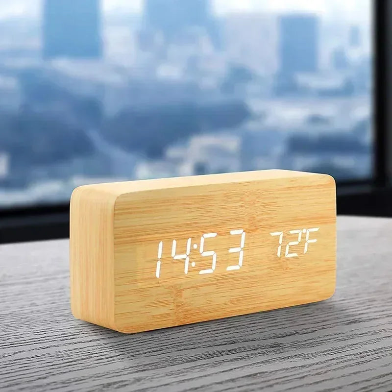 Wooden LED Digital Alarm Clock – Temperature Display & USB Table Clock for Bedroom & Office