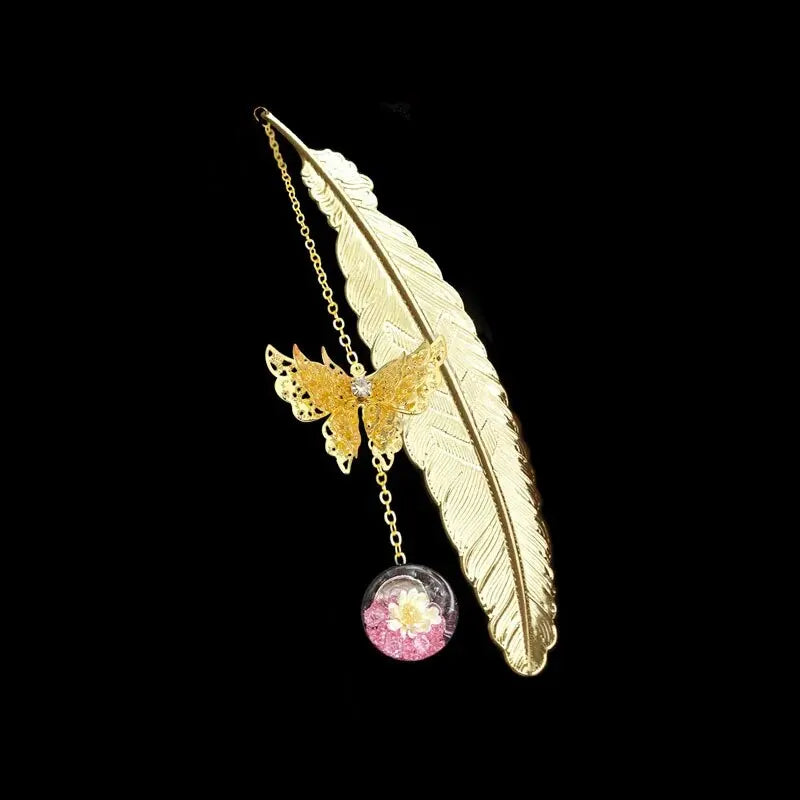Chinese Style Metal Feather Bookmark – Creative Flower, Butterfly & Leaf Design