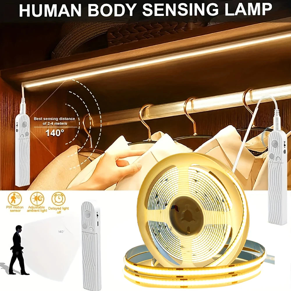 Motion Sensor LED Strip Lights – Battery-Powered COB 320 LEDs/m for Stairs, Bedroom & Closet