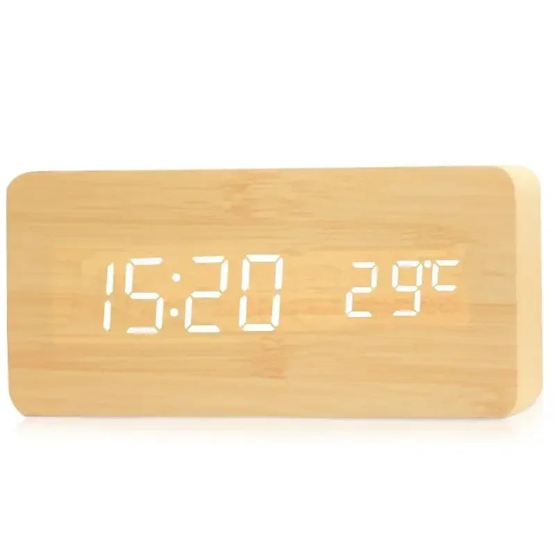 Wooden LED Digital Alarm Clock – Temperature Display & USB Table Clock for Bedroom & Office