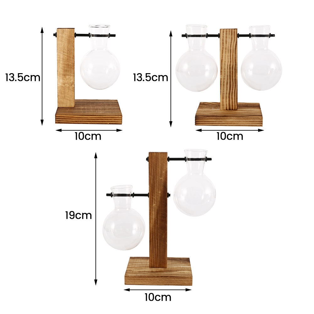 Glass Desktop Planter Bulb Vase with Wooden Stand – Hydroponic Tabletop Decor